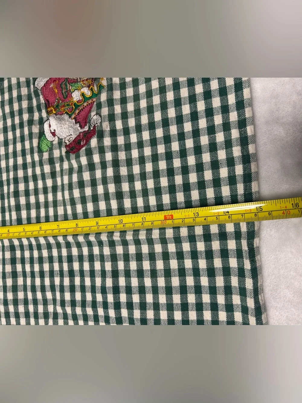 Vintage green white red gingham plaid holiday dish towel embroidered Santa Claus